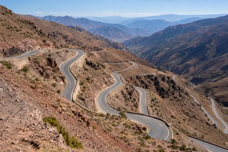 Switchbacks on the Tizi n'Tichka pass with the High Atlas beyond
