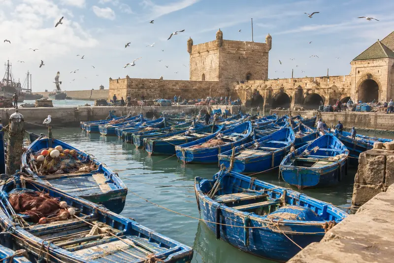The ramparts and blue fishing boats in the harbour at Essaouira