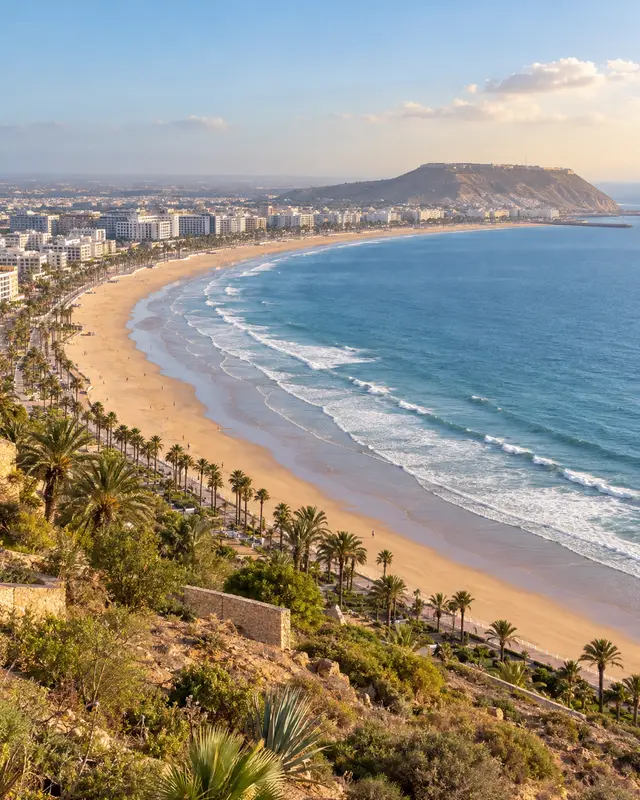 The crescent beach and bay at Agadir seen from the coast road