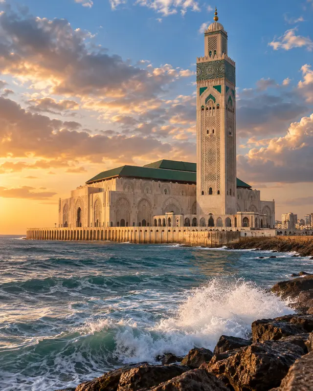 The Hassan II Mosque on the Casablanca waterfront seen from the corniche