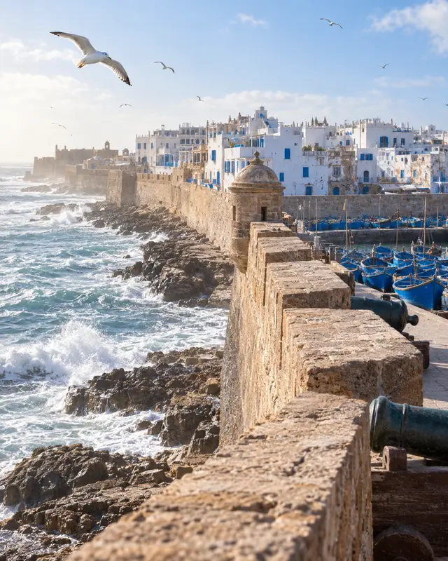 The ramparts and fishing harbour at Essaouira seen from the sea wall