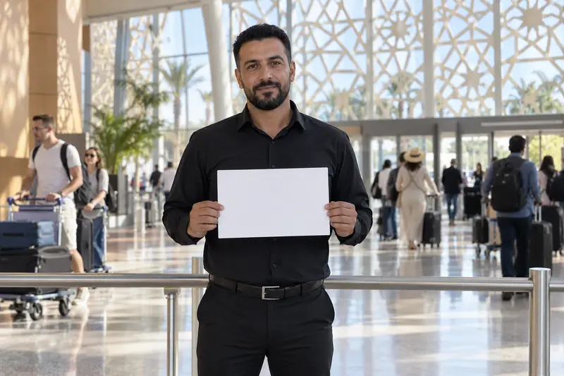 Our driver waiting in the arrivals hall at Marrakech Menara airport