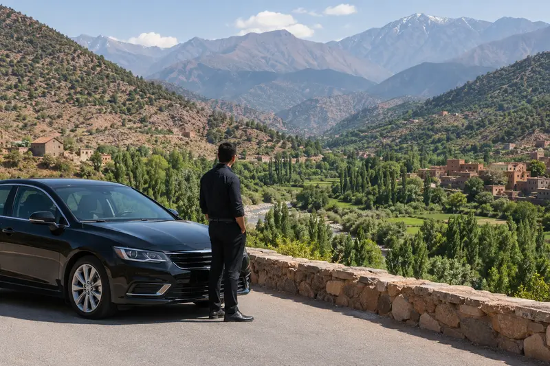 One of our drivers waiting beside the car at a viewpoint above the Ourika valley